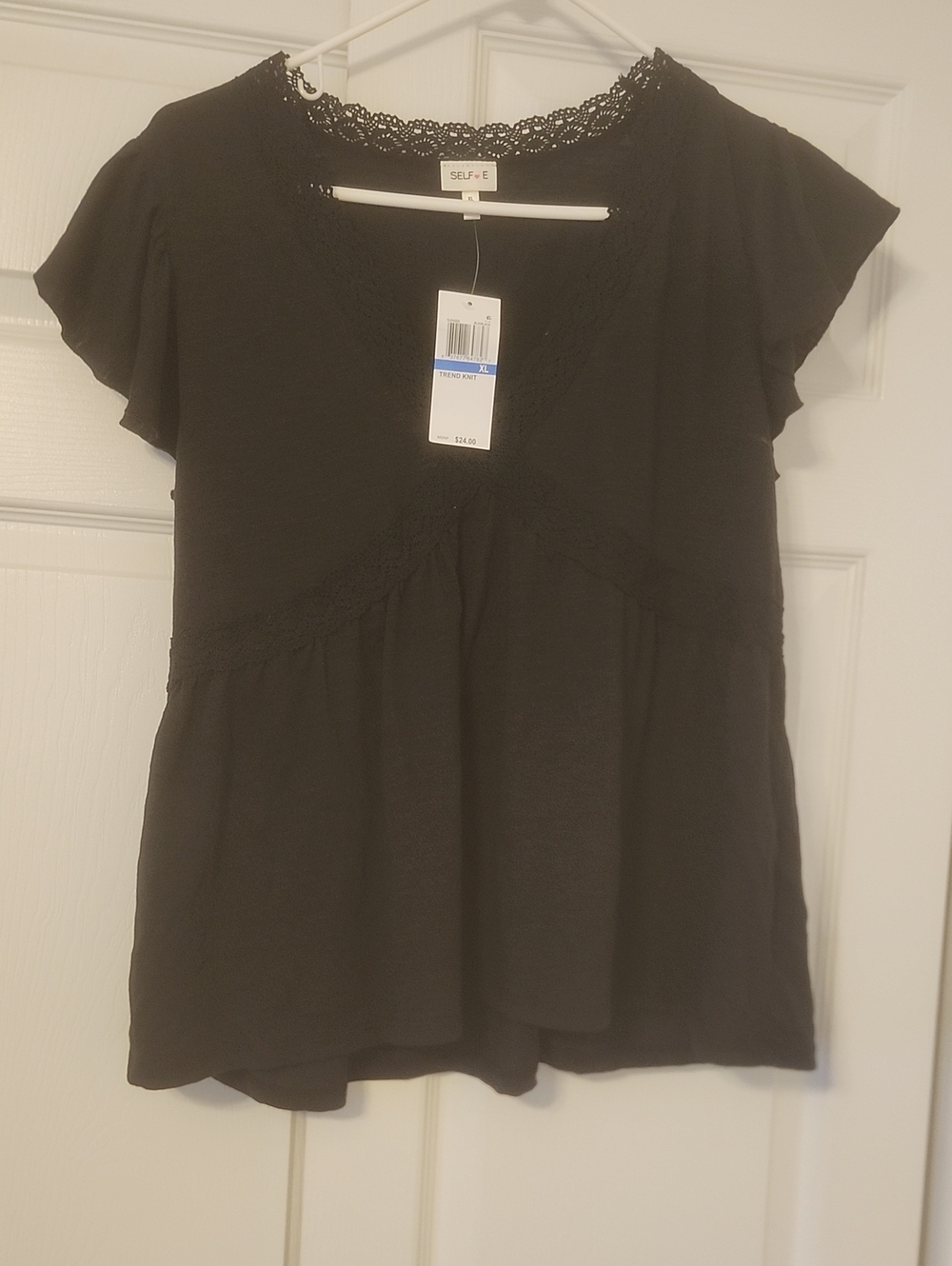 New Black Lace Trim Flutter Sleeve Top